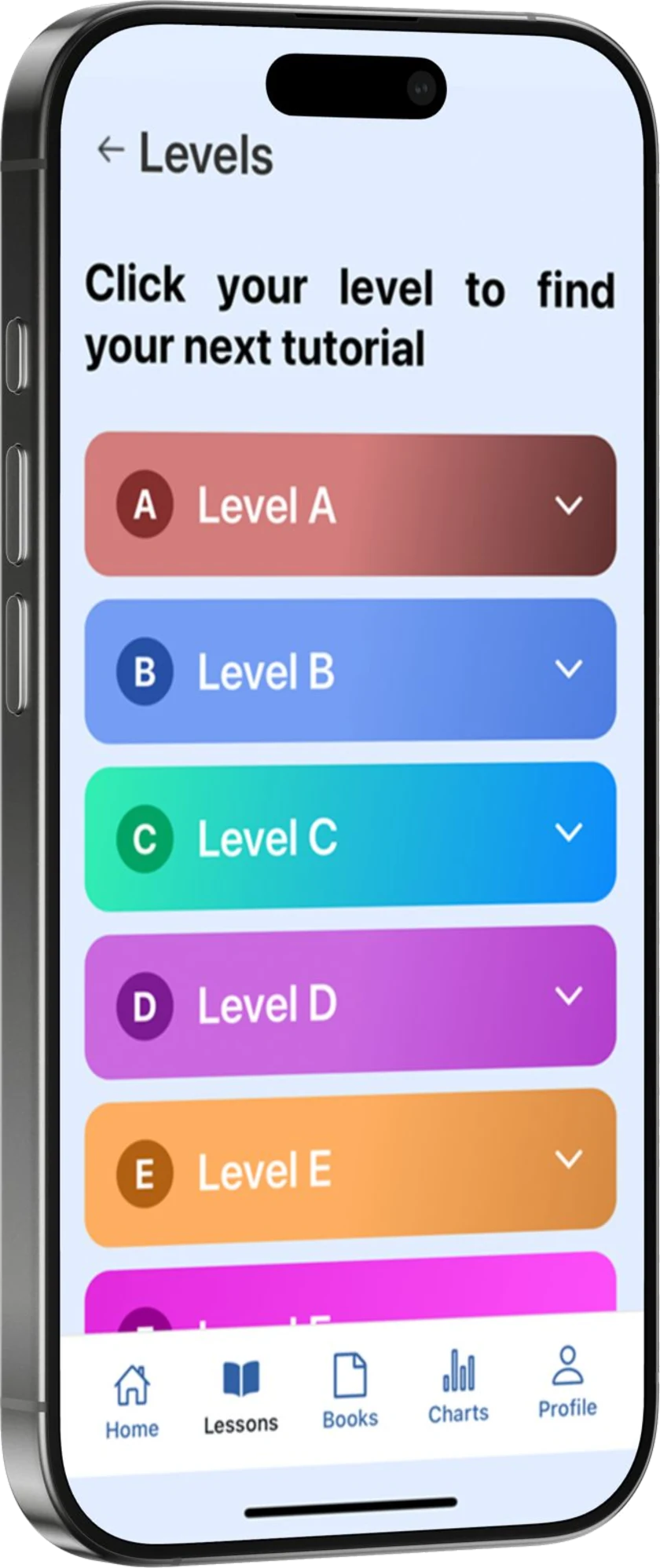The app level list, showing Level A through Level E