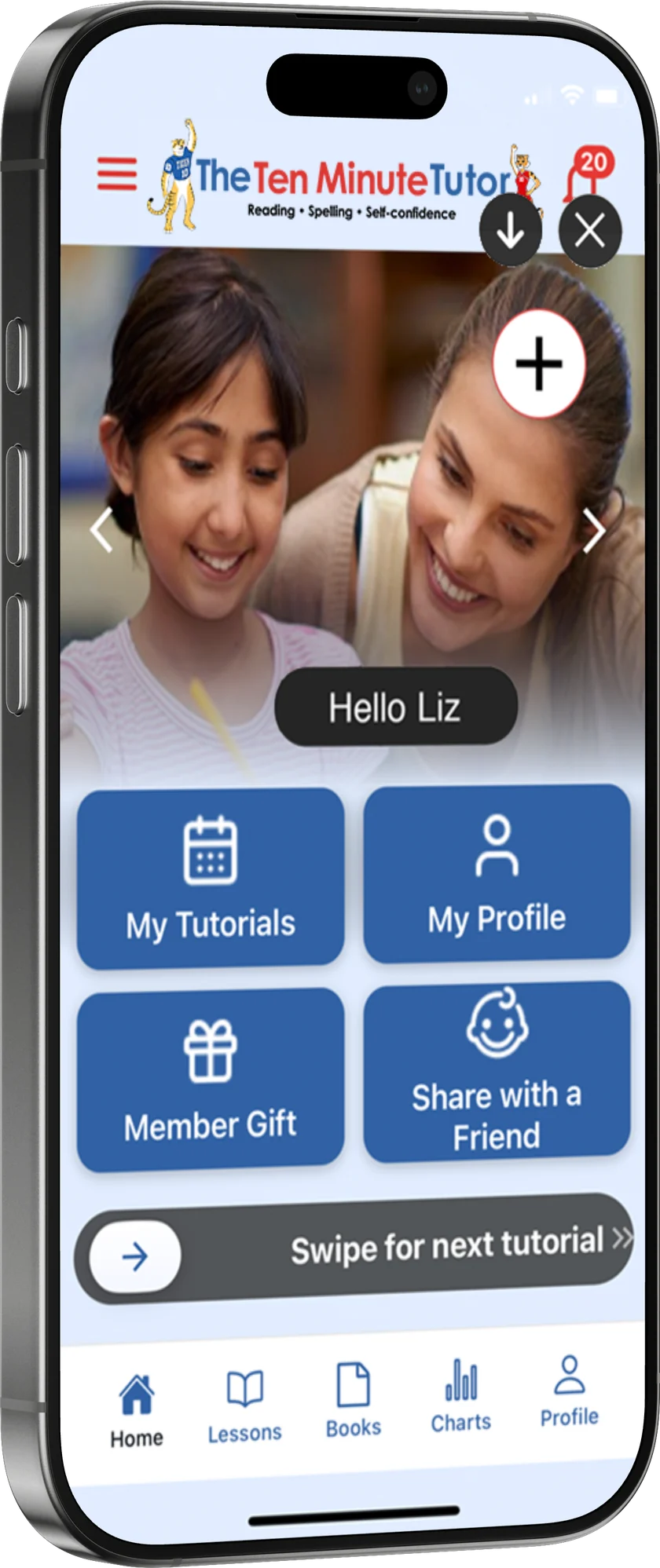 The Ten Minute Tutor app home screen, with My Tutorials, My Profile, Member Gift and Share with a Friend