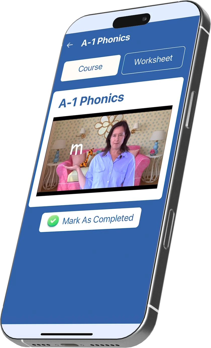 A phonics tutorial open in the app, with the course video and worksheet tabs