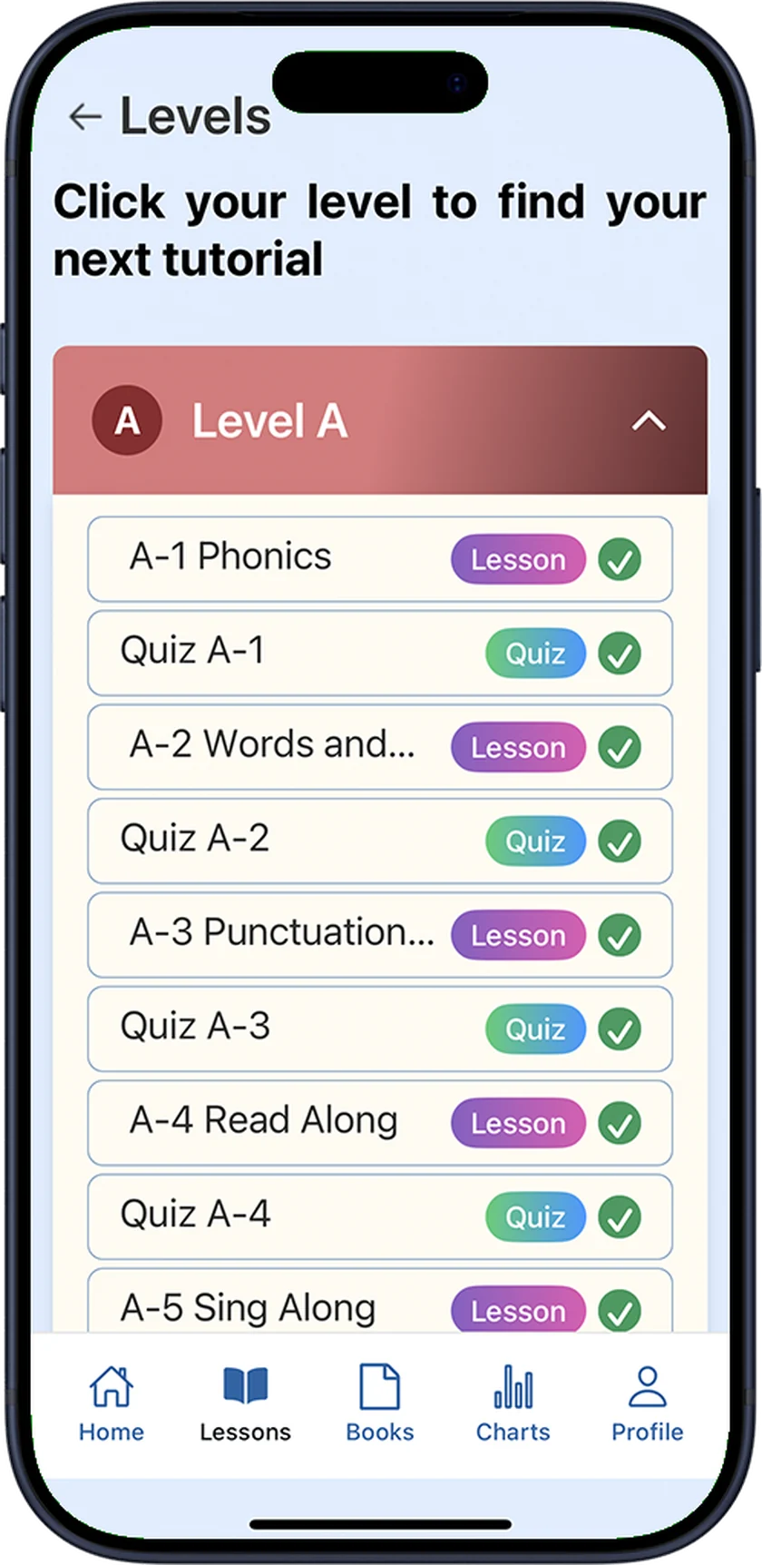 The app level list, showing Level A opened out into its lessons and quizzes