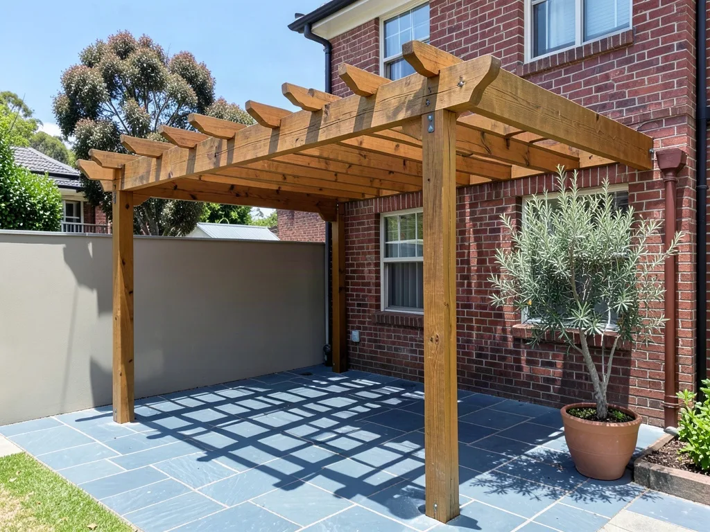 Sample image of a timber pergola over a paved courtyard