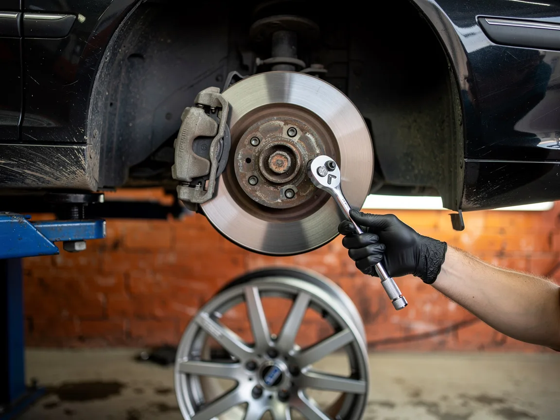 Sample image of a new brake rotor and pads being fitted