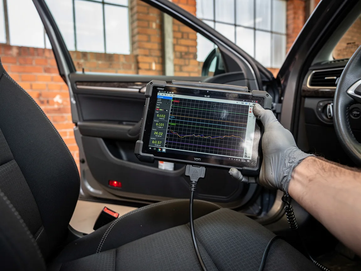 Sample image of a diagnostic scan tool plugged into a car