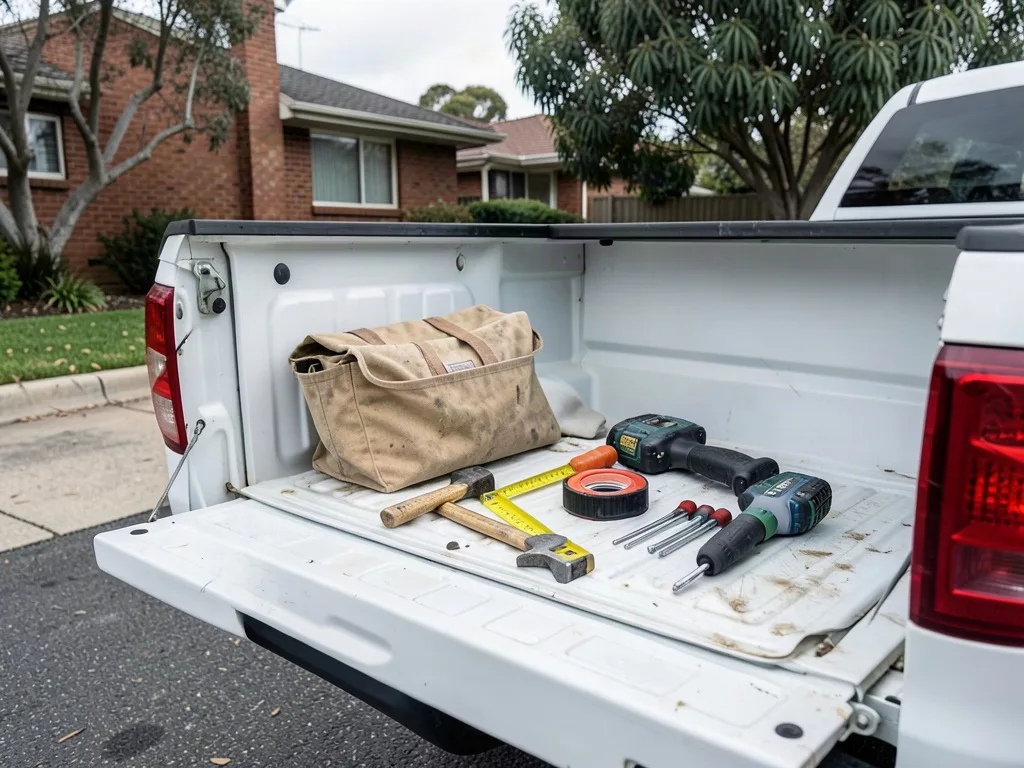 Sample image of a handyman's tool bag and tools laid out on a bench