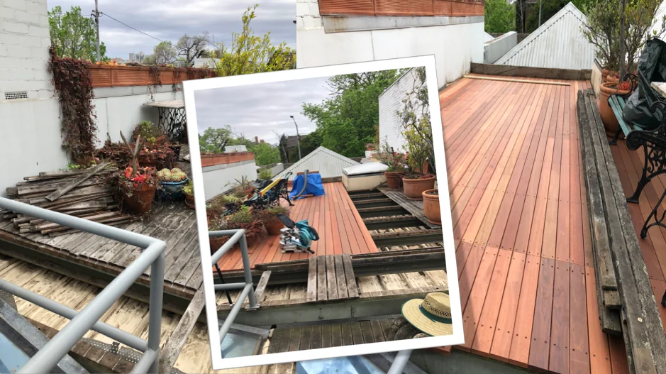 A rooftop deck in Melbourne, before and after George replaced the old boards with new hardwood decking