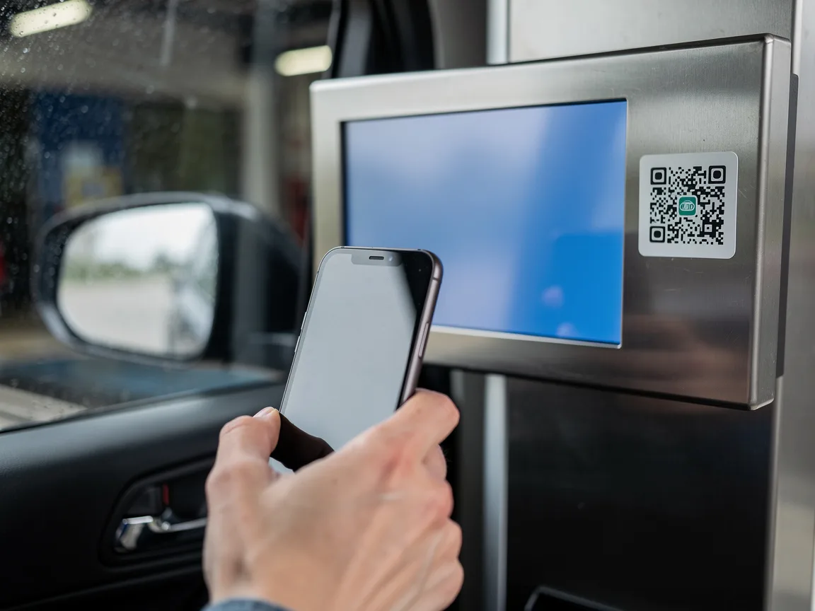 Sample image of a phone scanning a QR code at a car wash pay screen