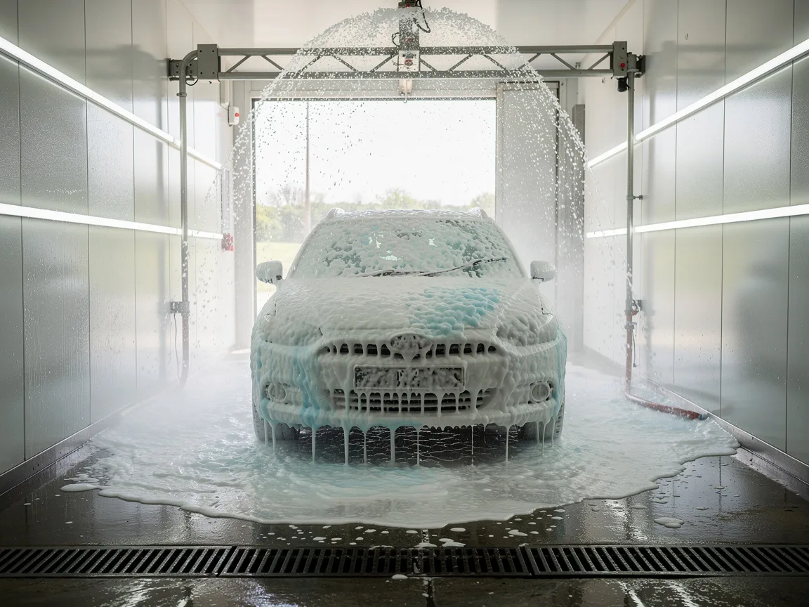 Sample image of a car covered in foam inside an automatic car wash