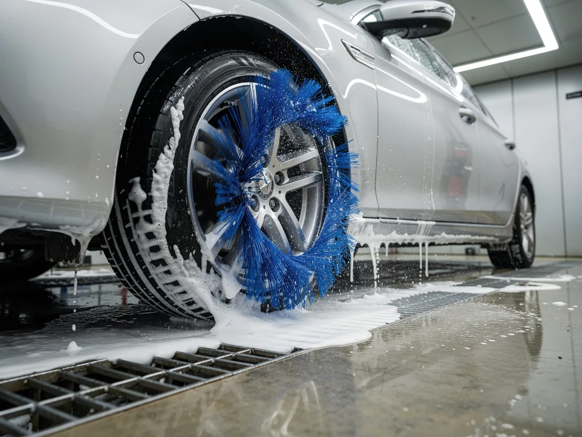 Sample image of wash brushes cleaning a car wheel