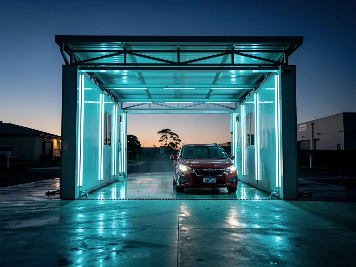 Sample image of a car wash bay lit up at night
