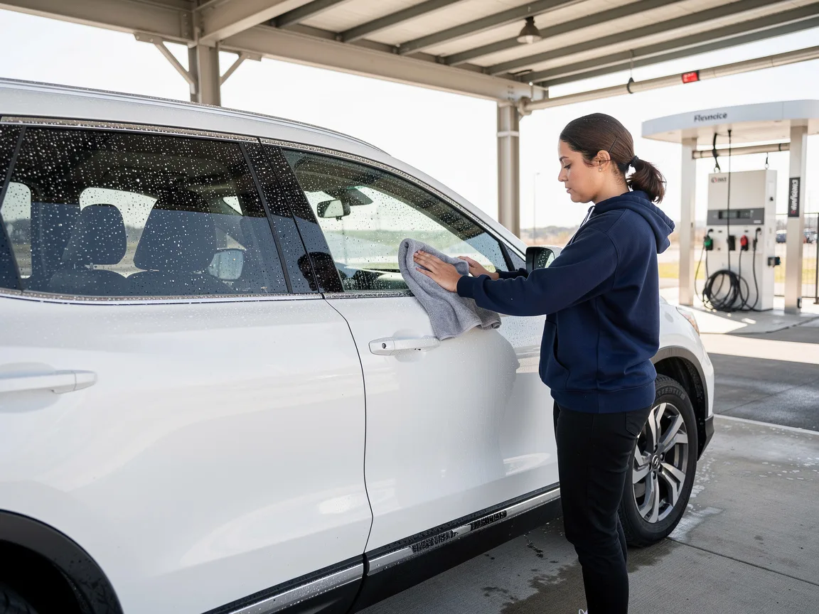Sample image of a driver drying a clean car with a microfibre towel
