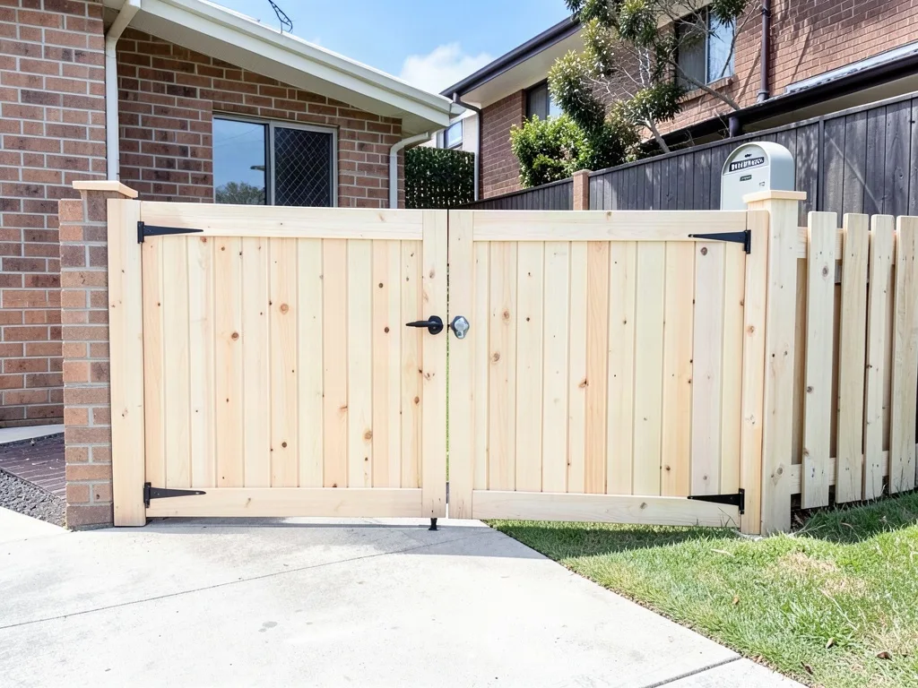 Sample image of a new treated pine double gate in a paling fence