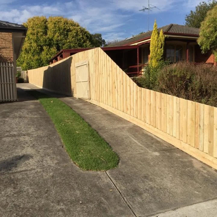 A new timber paling fence and gate running up a driveway, built by JFK Fencing