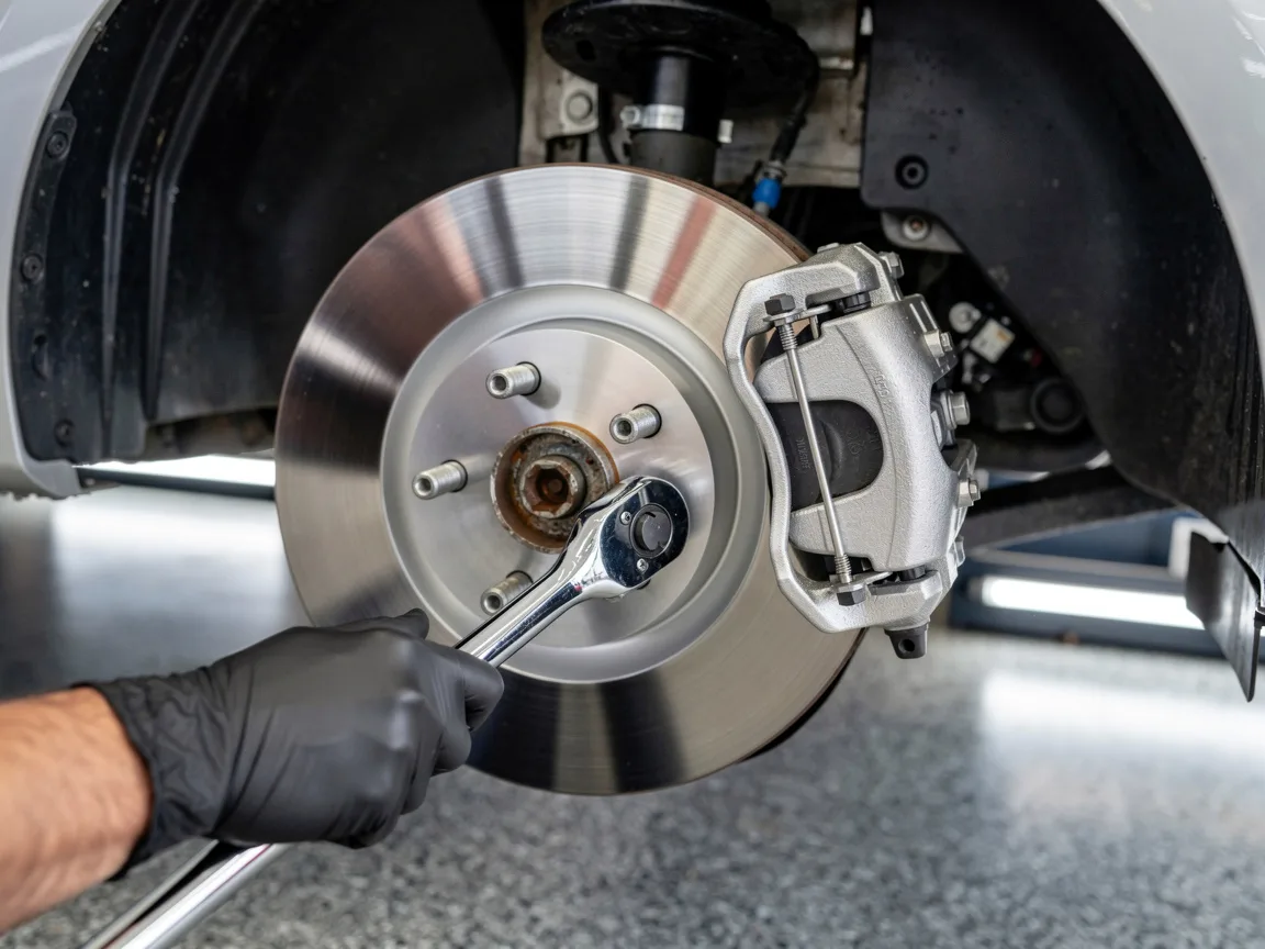 Sample image of a new brake rotor and pads being fitted