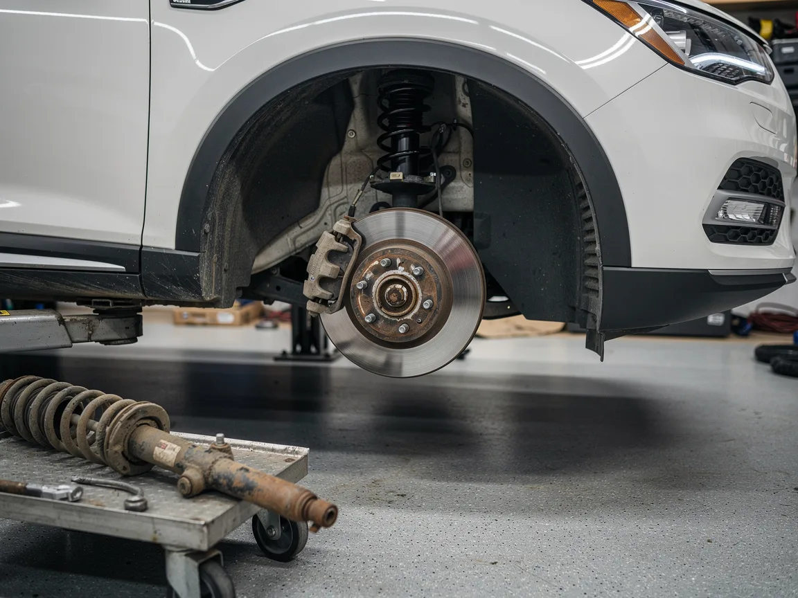 Sample image of a new strut fitted to a car on a hoist