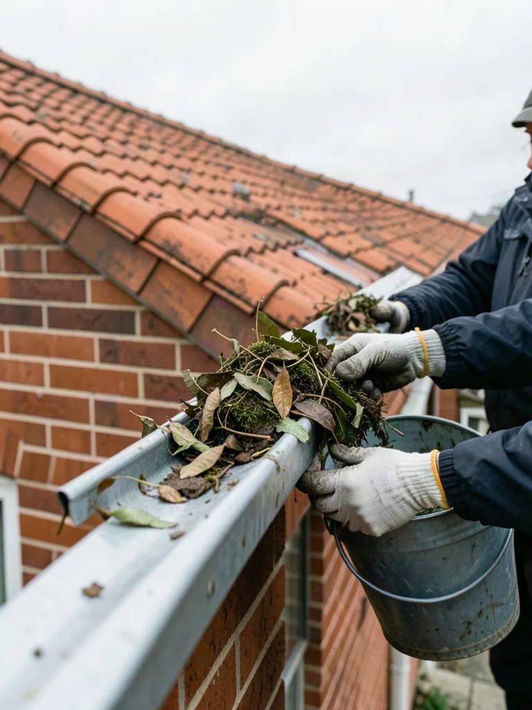 Sample image of gloved hands scooping wet leaves out of a gutter