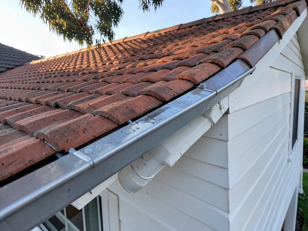 Sample image of a freshly cleaned gutter along a tiled roof