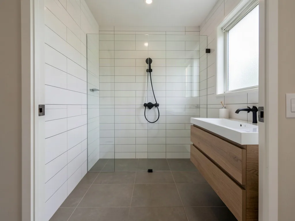 Sample image of a finished bathroom with large format tiles