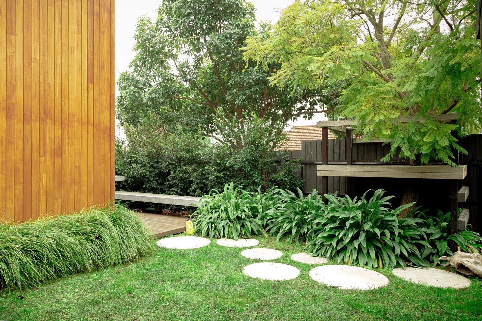Round stepping stones across fresh lawn beside a timber-clad wall and layered planting