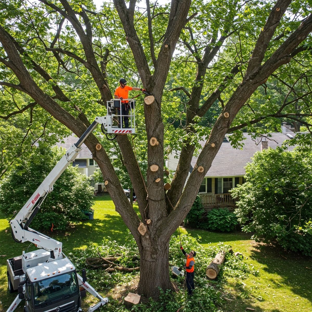 Arborist in a cherry picker bucket pruning limbs high in a mature tree canopy