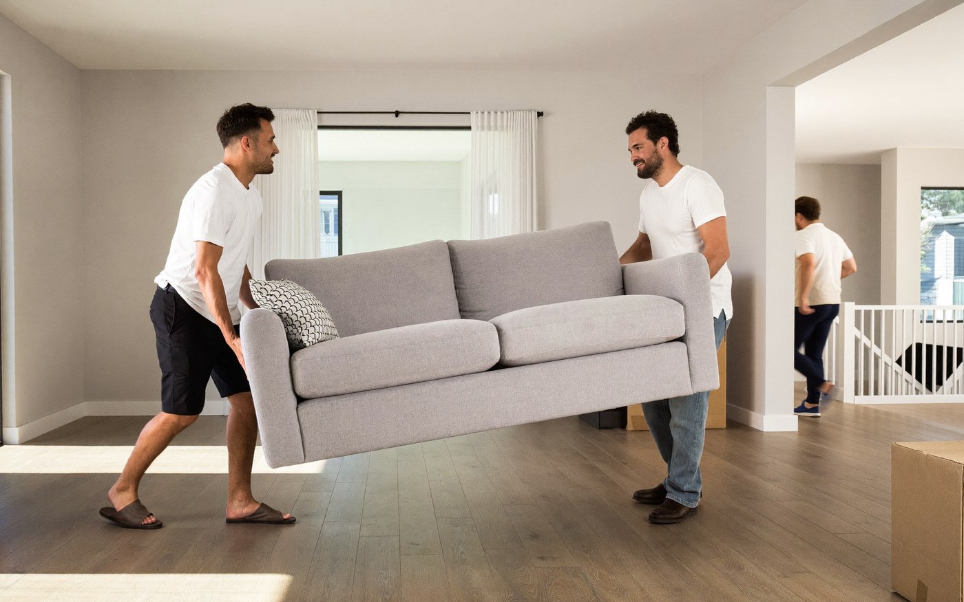 Removalists moving a couch into a rental between tenancies