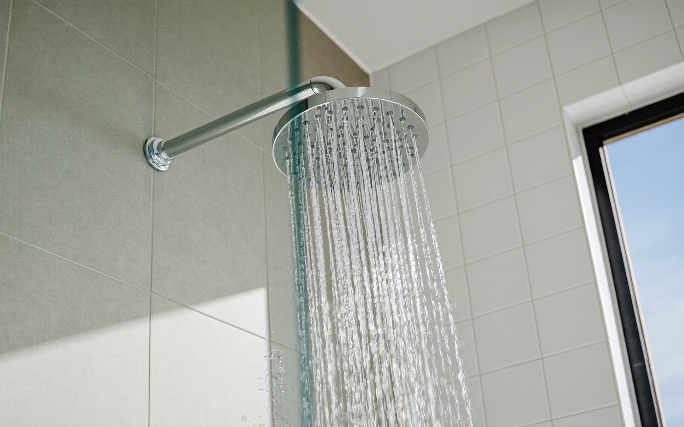 New water-saving showerhead in a tiled bathroom