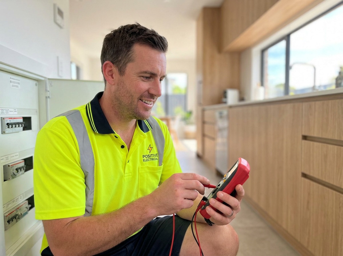 POSITIVE ELECTRICAL electrician testing a switchboard in a Melbourne home