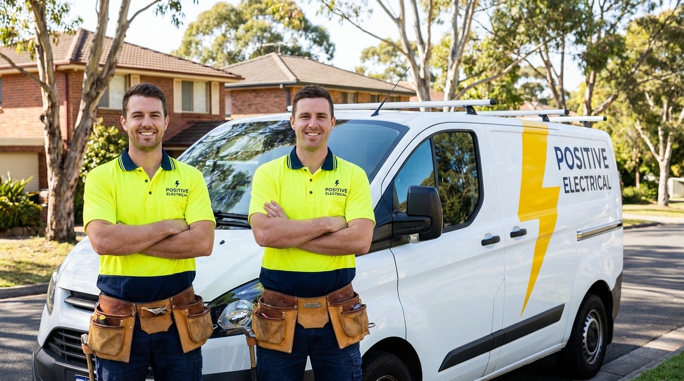POSITIVE ELECTRICAL electricians in yellow hi-vis in front of the work van, Melbourne