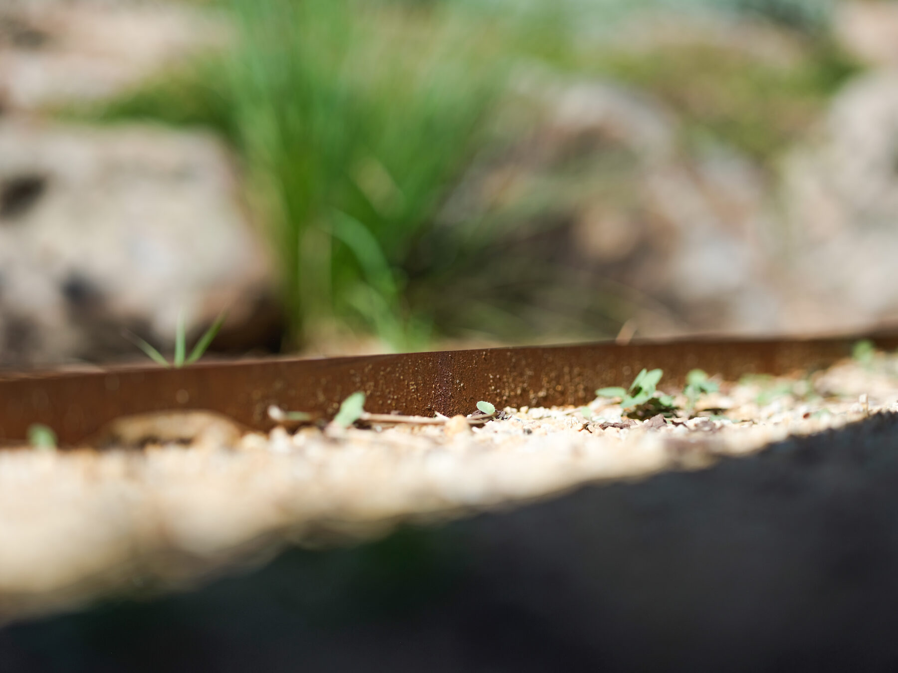 Corten steel edging holding a gravel path against a planted bed