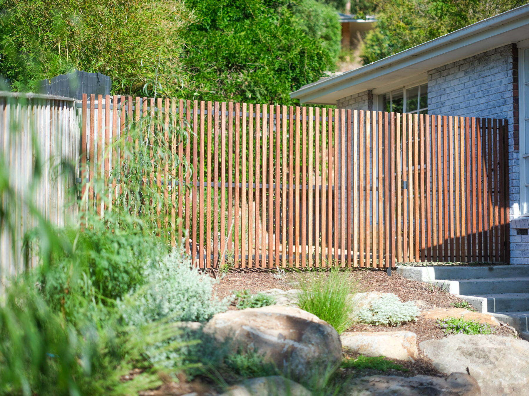 Hardwood slat fence beside native garden beds and rock work