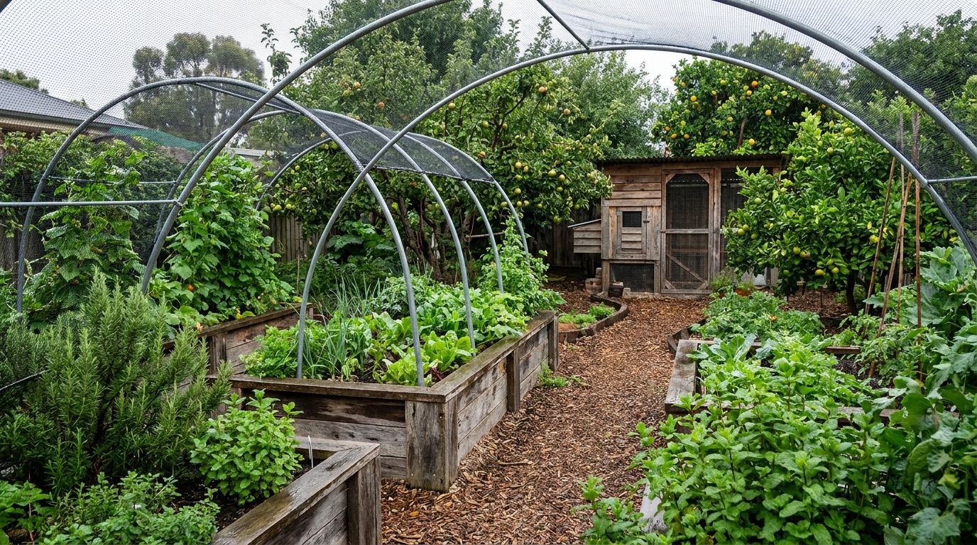Covered orchard and veggie garden