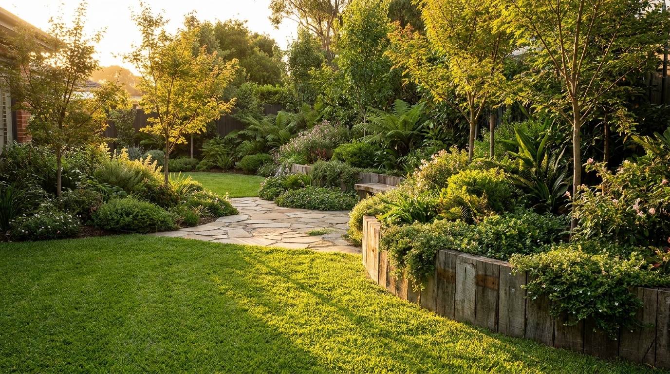 Garden construction — lush lawn and layered garden beds transformation