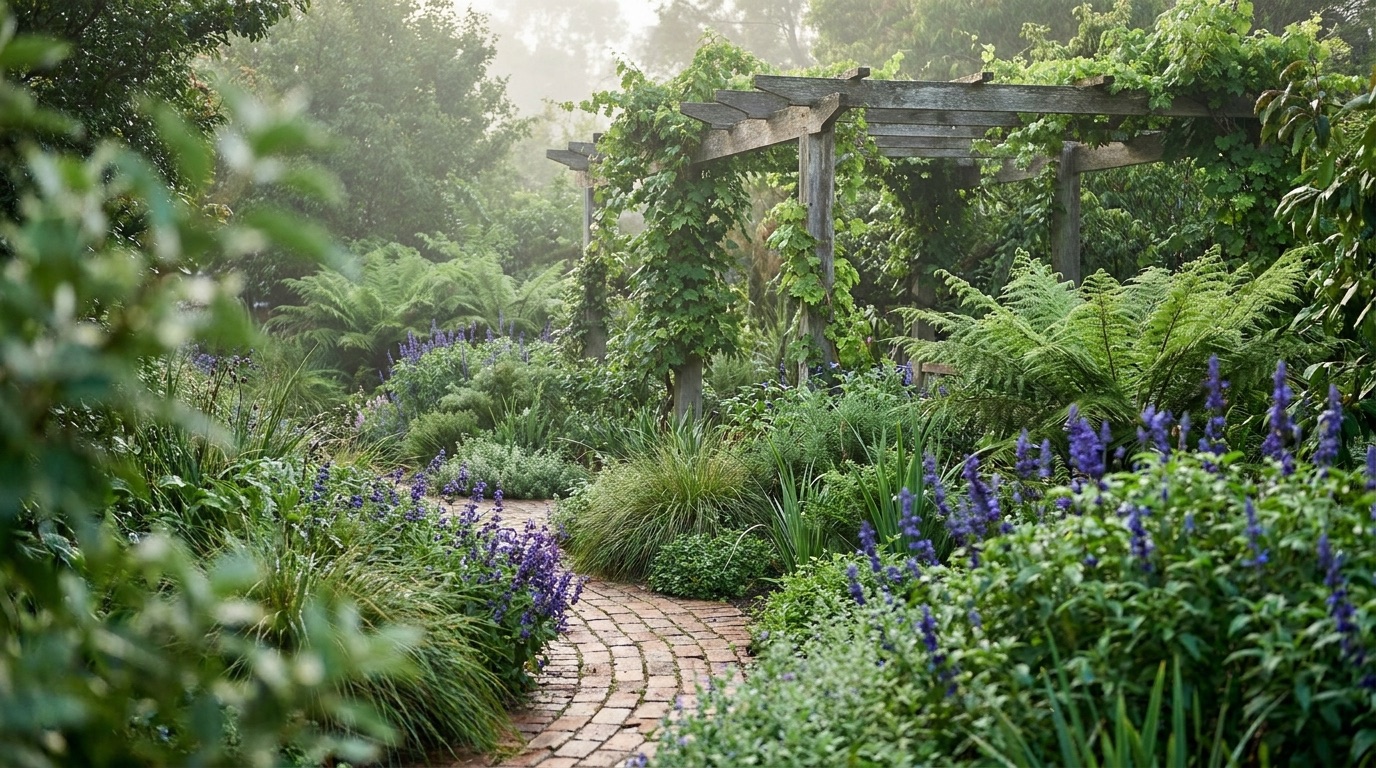 Garden design — lush layered garden with brick path and vine-covered pergola