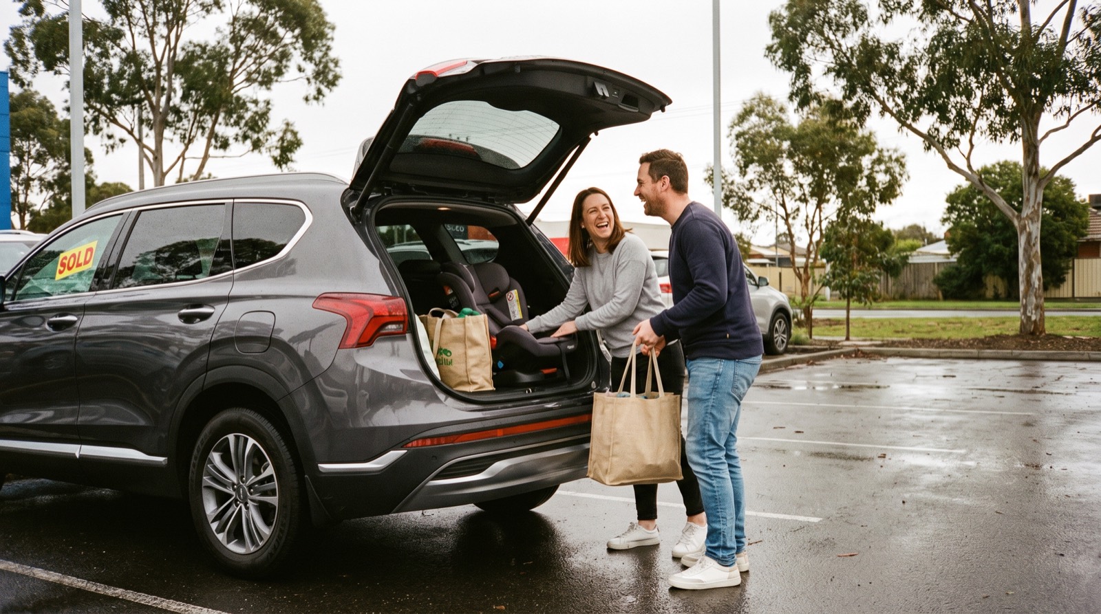 A young family loading their new SUV on a dealership forecourt