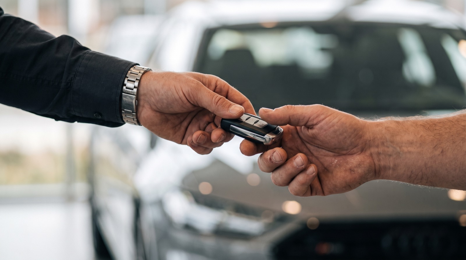 A set of new car keys being handed across in a dealership showroom