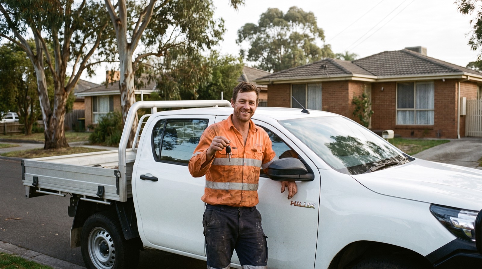 An Australian tradesman holding the keys to his new dual cab ute