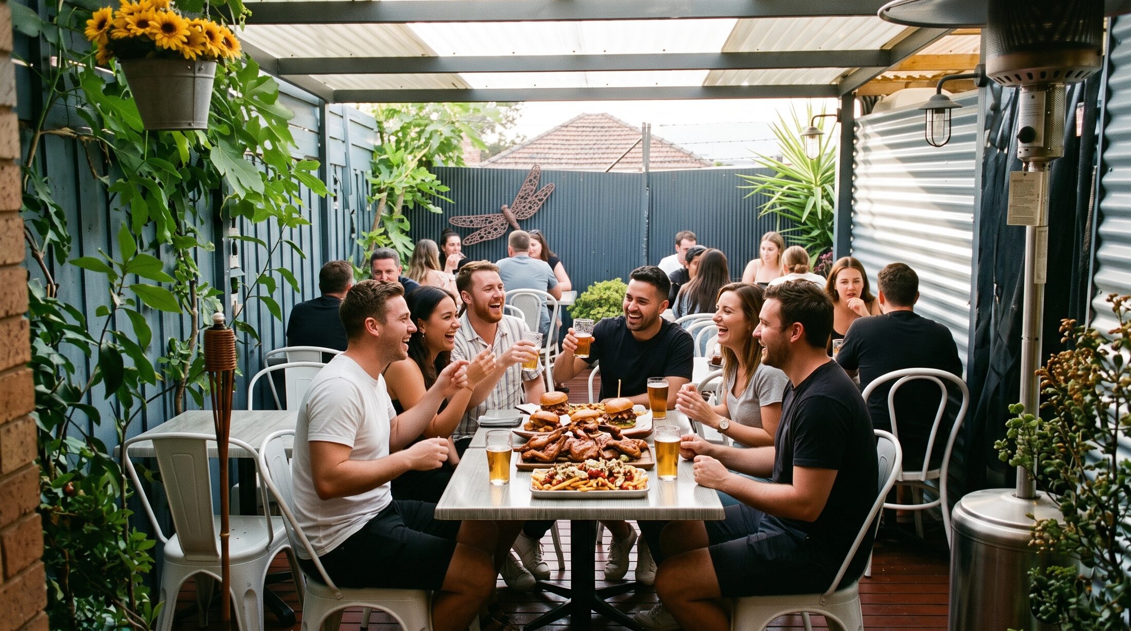 Friends around a table in the courtyard