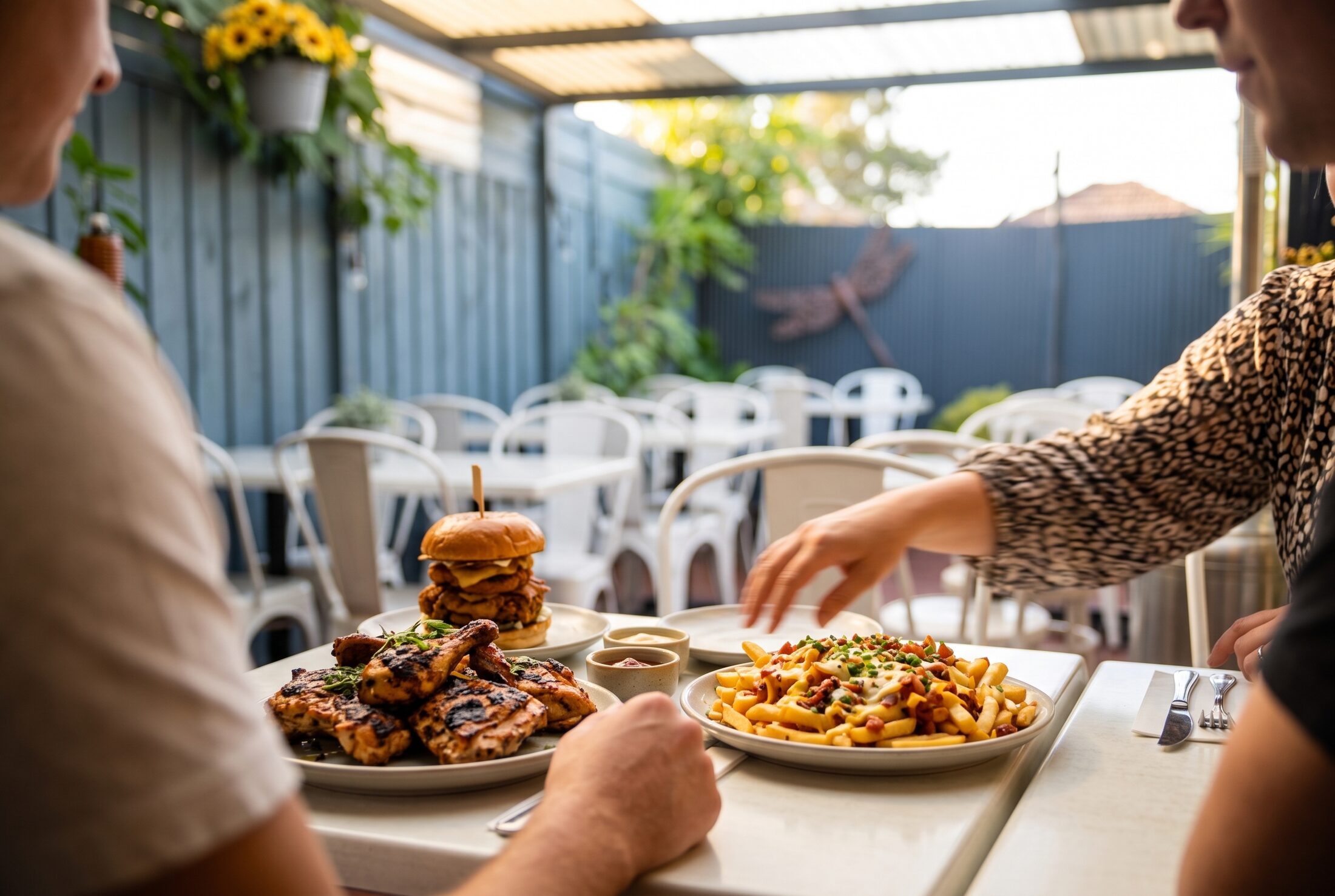 Hands reaching across the table for flame grilled chicken and loaded fries
