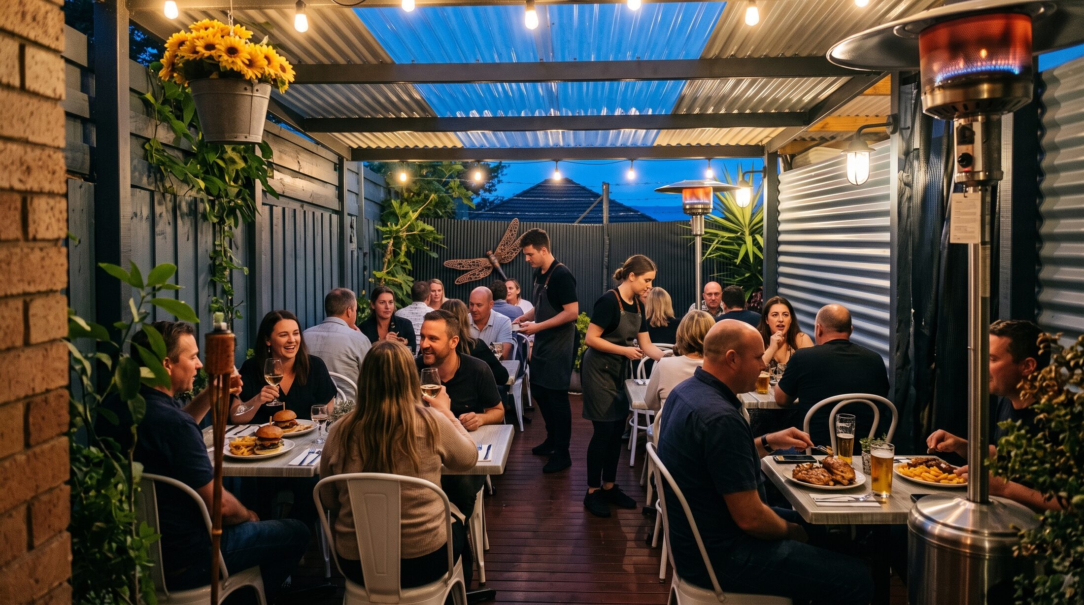 The courtyard at night, string lights on and every table full