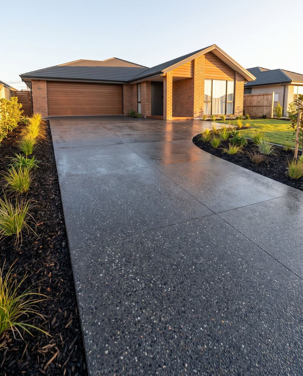 New exposed aggregate driveway after