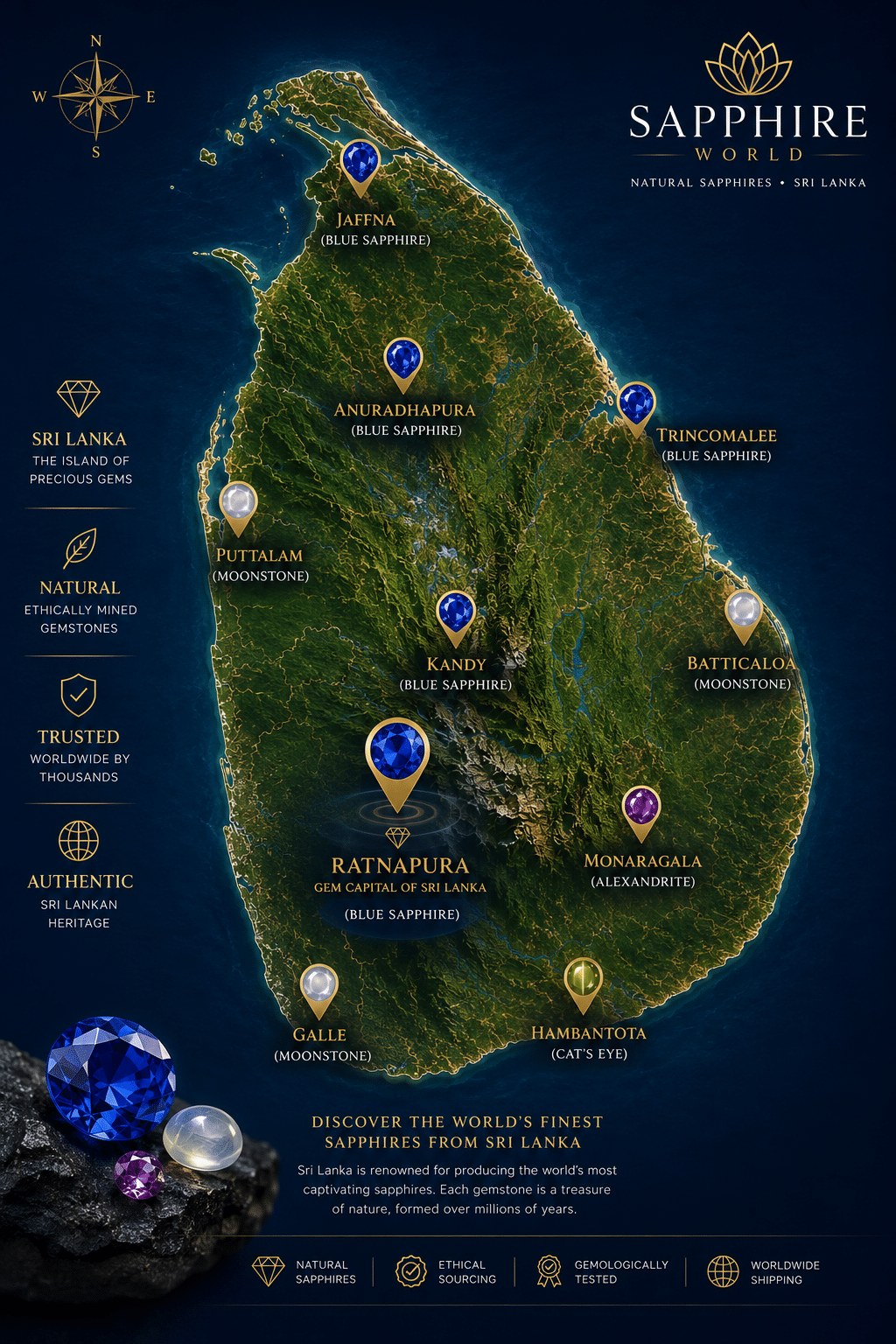 Map of Sri Lanka showing the gem regions Sapphireworld sources from