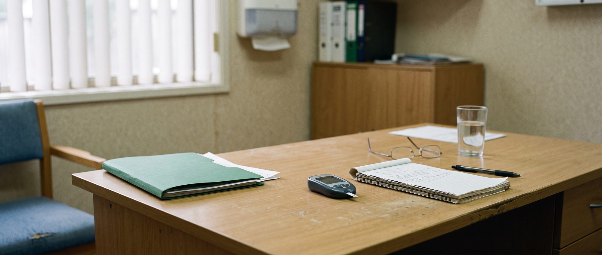 A consulting room desk with a blood glucose meter, a notepad, reading glasses and a glass of water, in flat daylight from the window