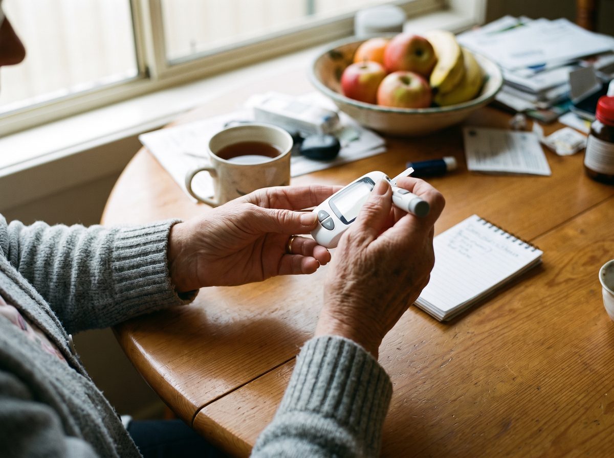 A woman at her own kitchen table taking a blood glucose reading, a cup of tea and a notepad beside her