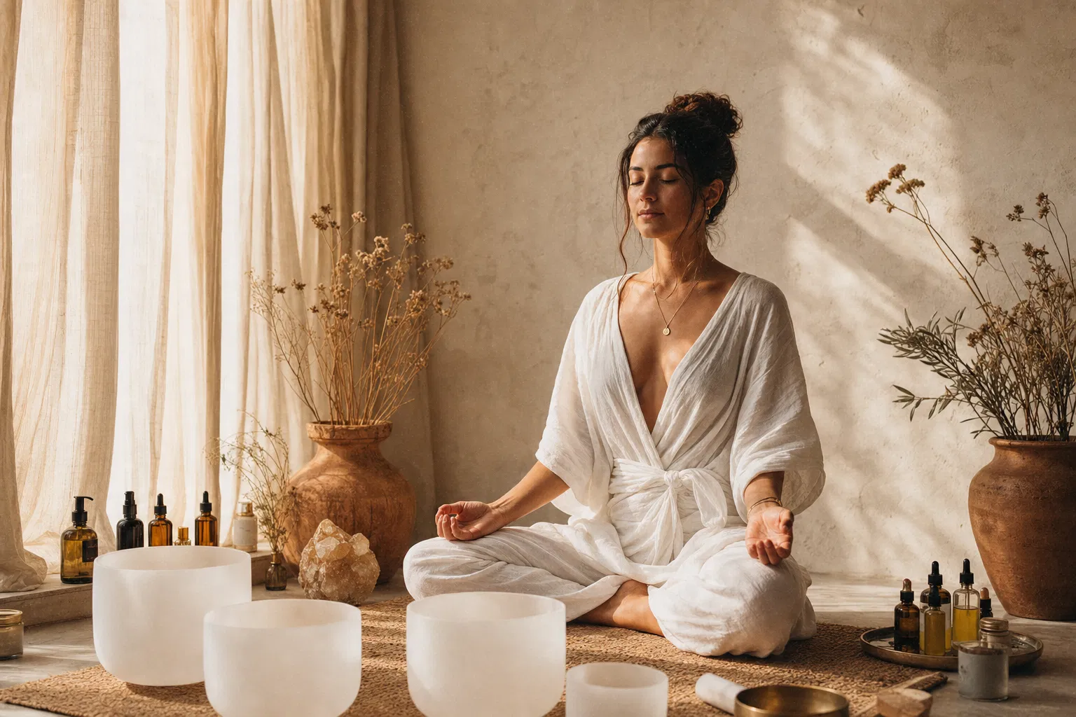 A woman sitting in meditation beside crystal singing bowls in a warm, sunlit studio