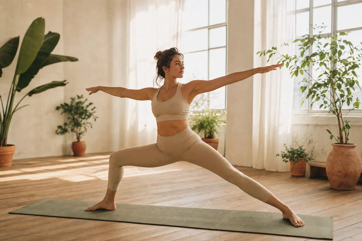 A woman moving through a standing yoga posture in a bright studio filled with plants