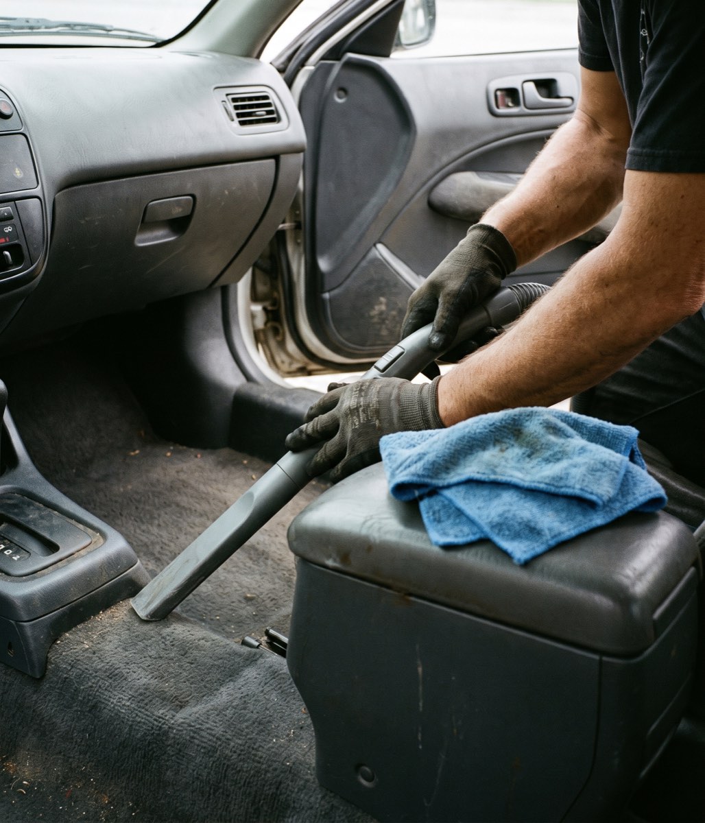 Hands vacuuming the footwell of a car with a microfibre cloth resting on the console