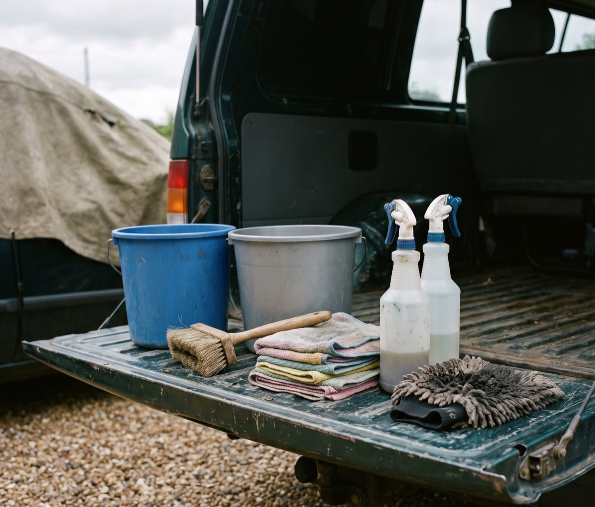 Buckets, brushes, microfibre towels and spray bottles laid out on an open tailgate