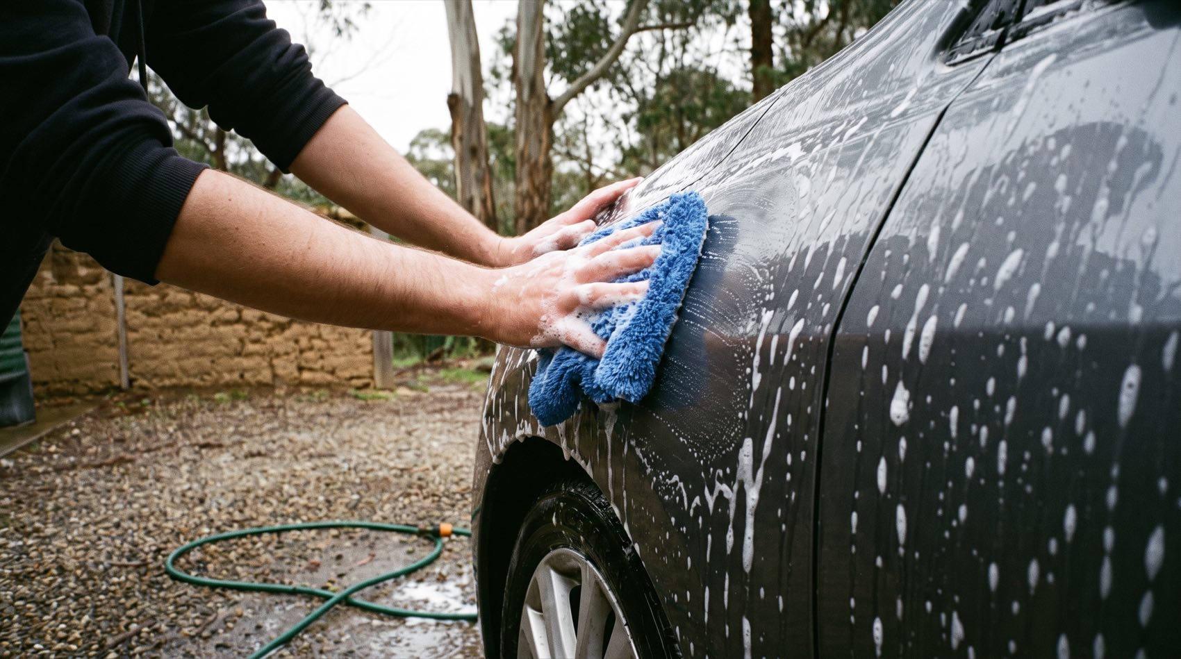 A car being hand washed with a wash mitt in a leafy Eltham driveway
