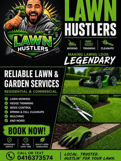 The Lawn Hustlers Instagram flyer, bright green on black