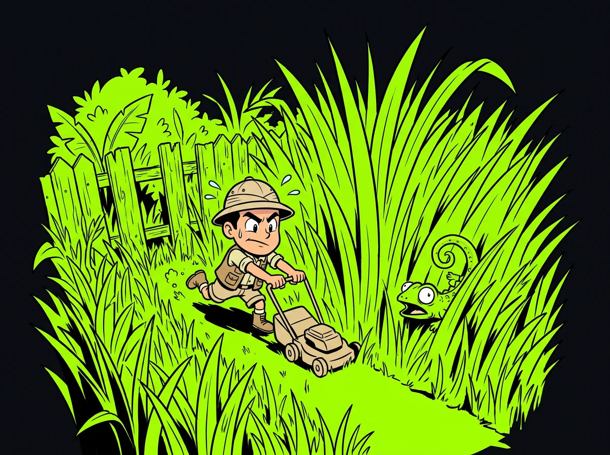 Cartoon of a tiny worker cutting a path through a wildly overgrown backyard