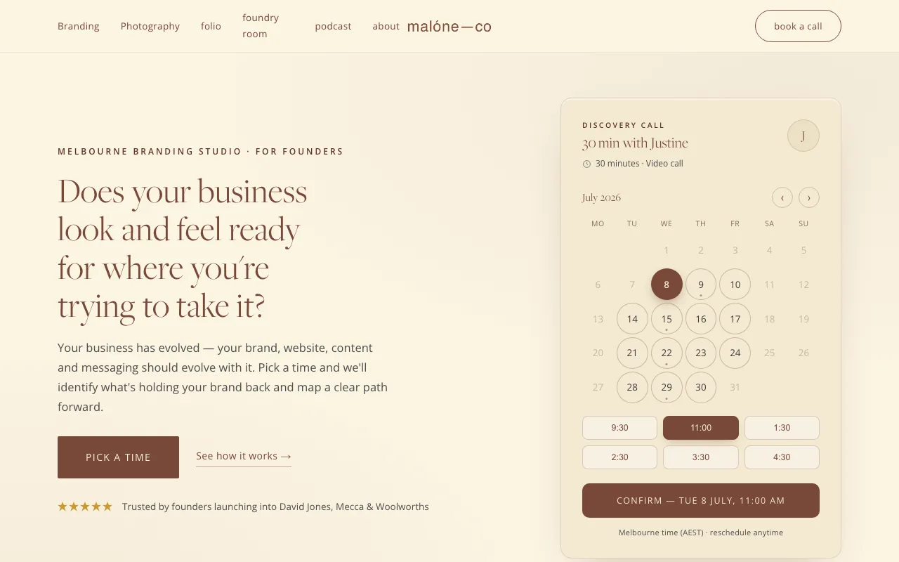 Book-a-call landing page — hero copy with a sand booking calendar